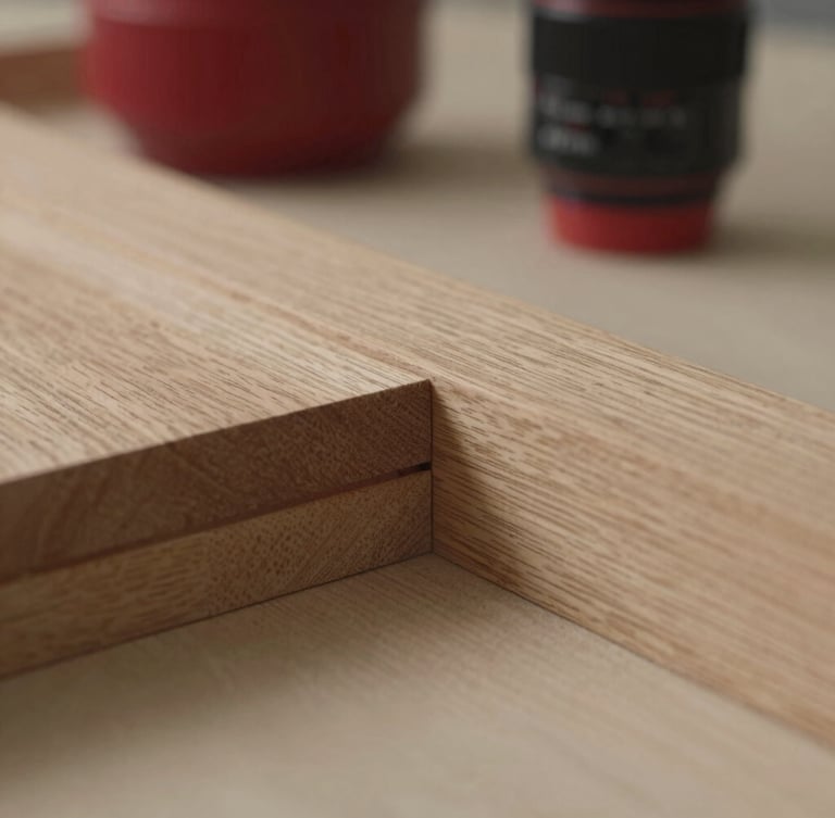 Macro close-up of a hand-cut mortise and tenon joint in premium European oak, clean workshop environment, soft natural side lighting highlighting the wood grain, 35mm lens