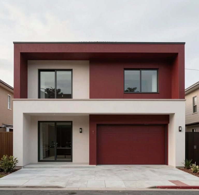 Architectural straight-on photograph of a luxury home refurbishment, clean minimalist lines, soft natural overcast daylight, rich desaturated tones with deep red accents, 35mm lens