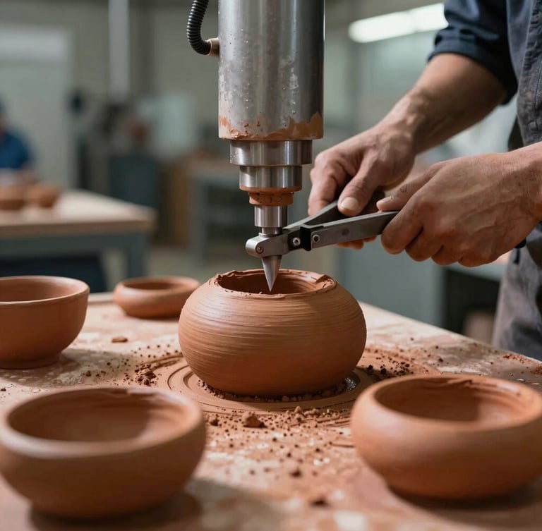 Close-up of raw terracotta clay components being machined in a clean, structured industrial facility, natural side lighting, high contrast.