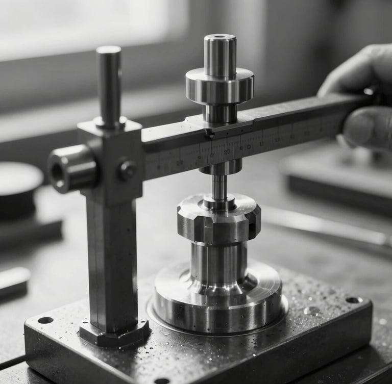 Close-up black and white photograph of a precision micrometer measuring a machined brass component on a workshop table, natural morning light, sharp focus on industrial textures.