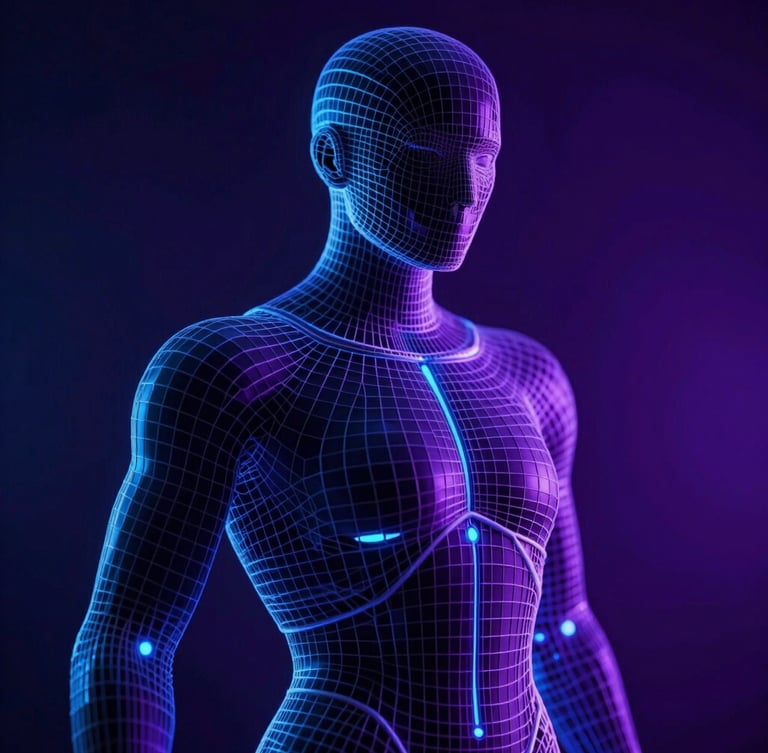 Extreme close-up of a complex 3D wireframe character model, dramatic low-key studio lighting with strong neon rim lights in electric blue and deep violet casting sharp highlights, dark cinematic 3d render, ultra-detailed, 8k