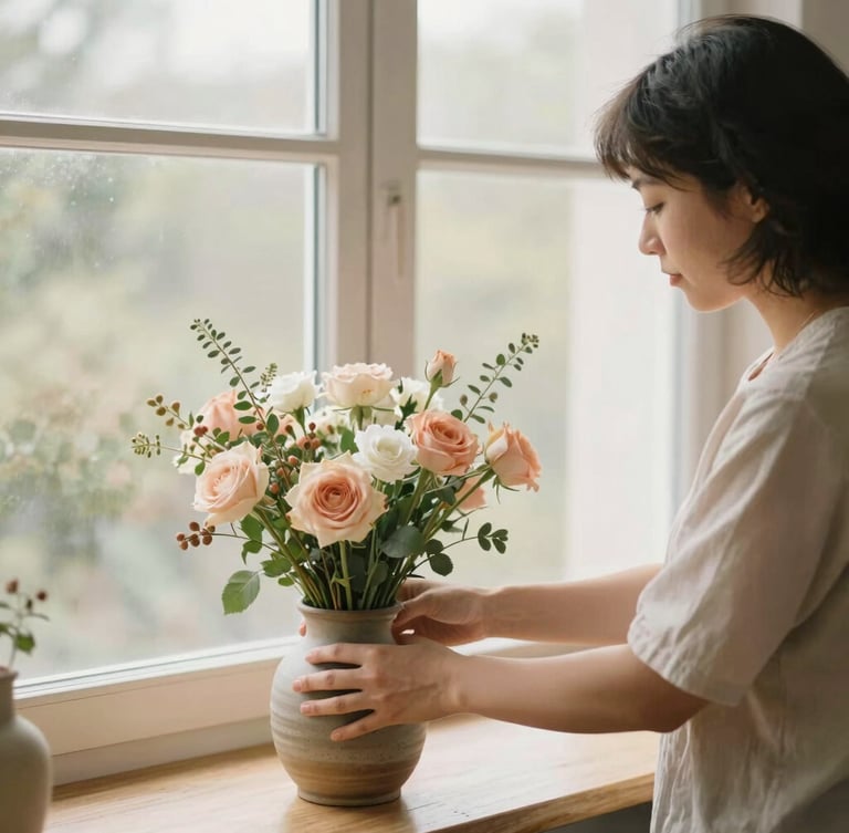 A support worker gently helping an individual arrange fresh flowers in a ceramic vase by a large window, soft morning light, warm earthy tones, authentic interaction.