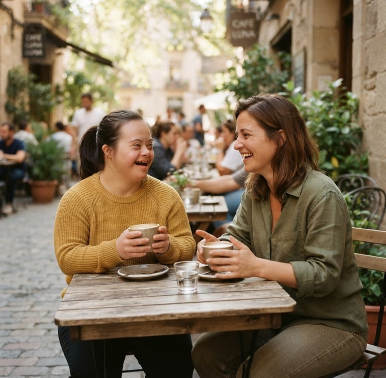 A warm editorial photograph of a smiling young adult with Down syndrome and a support worker sitting together at an outdoor cafe on a sunny day, laughing over coffee, soft natural daylight, 35mm.