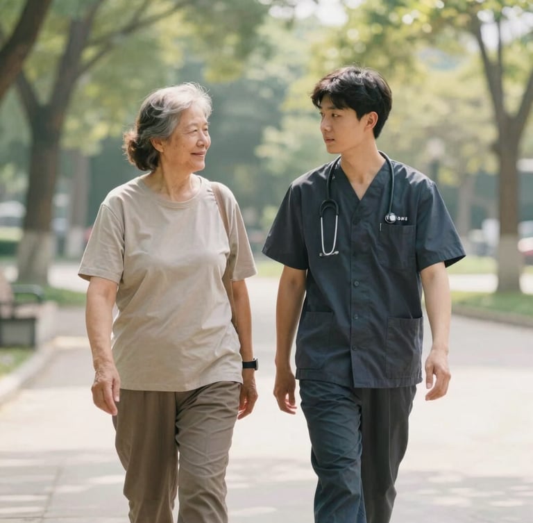 A support worker and a client walking together outdoors in a sunny park, soft natural daylight, gentle earthy tones, authentic human interaction, 35mm.