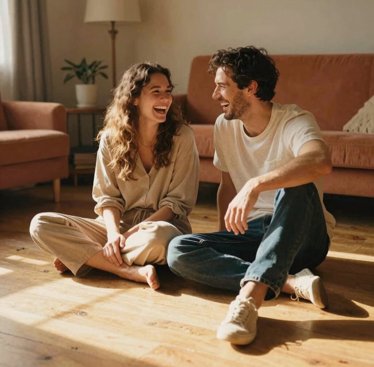 A couple laughing genuinely while sitting on a sunlit wooden floor of a cozy living room, warm cinematic lifestyle photography, golden-hour natural light, soft sand and terracotta tones, 35mm film style