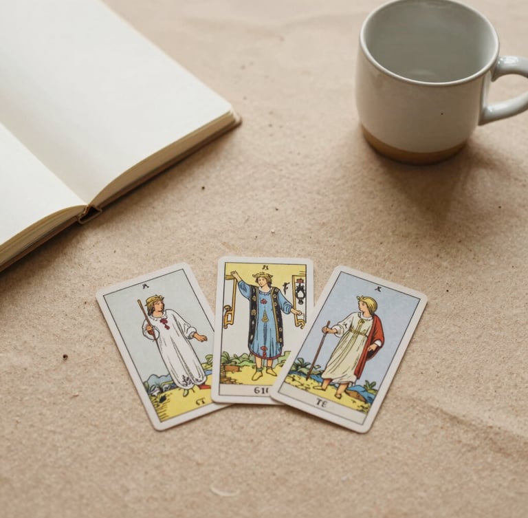 Minimalist flat-lay of three tarot cards placed neatly next to an open notebook and a ceramic cup, warm sand tones, diffused daylight, 35mm