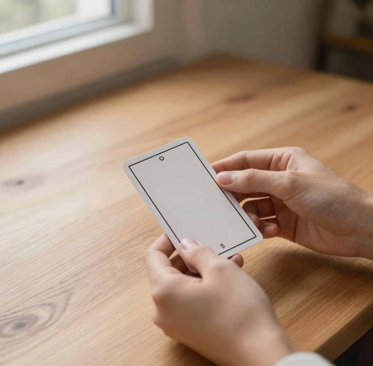 Hands carefully holding a minimalist tarot card on a warm wooden table, soft natural daylight from a side window, shallow depth of field, neutral tones