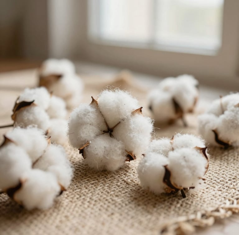 Macro detailed shot of natural cotton fibers and hand-knotted jute textile, soft north-facing window light, shallow depth of field, warm earth tones, 35mm.