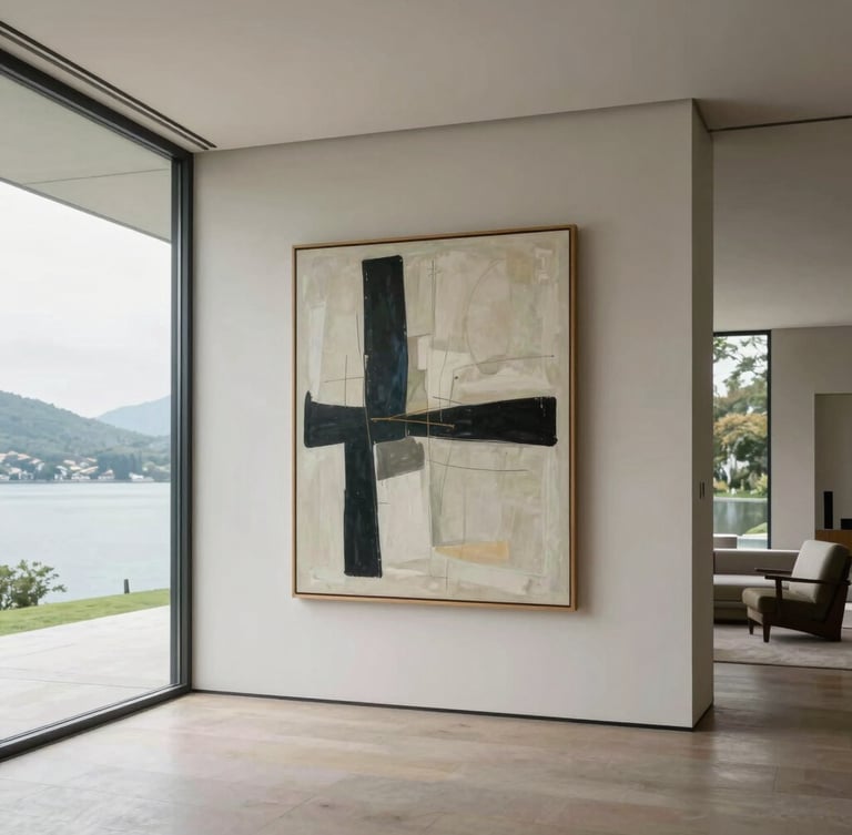 A luxurious modernist villa interior overlooking a lake, a large mid-century abstract painting on the main wall, soft diffused daylight, medium format.