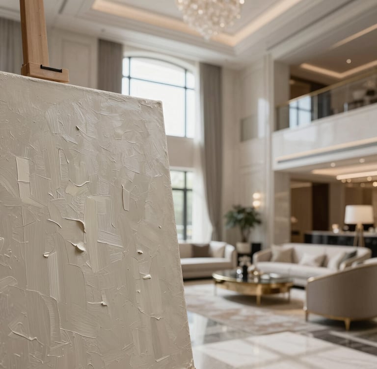 Close-up of textured oil on canvas in a high-ceilinged luxury hotel salon, soft natural daylight, refined luxury furniture.