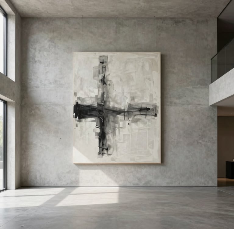 An expansive minimalist living room with double-height concrete walls, a large monochrome abstract canvas hanging prominently, soft natural daylight, medium format, architectural scale.