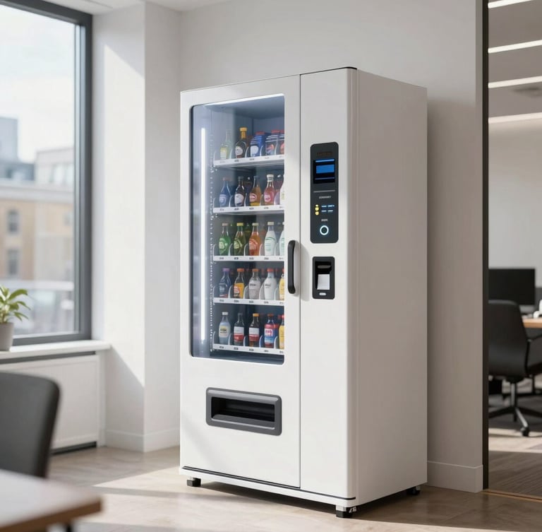 Sleek, modern contactless vending machine integrated into a bright, contemporary London office breakroom, natural daylight, clean lines, 35mm photography