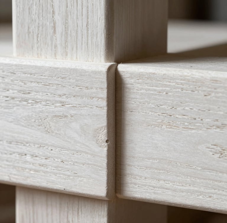 Macro architectural detail of a hand-carved white oak tenon joint, high-contrast natural workshop light catching the wood grain and fine chisel marks, strict flat elevation framing.
