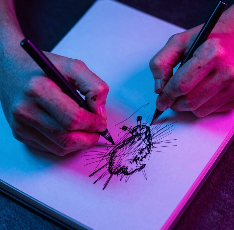 Close-up portrait shot of hands, stained with ink, sketching furiously on a notepad under harsh, dramatic lighting, with electric blue and pink neon reflections, sharp 35mm, high-contrast flash photography.