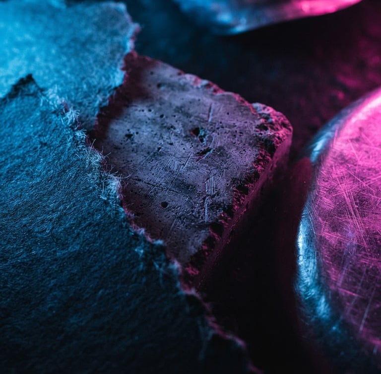 Extreme close-up of a physical brand mockup with raw textures, illuminated by electric blue and hot pink neon lights, dramatic shadows, gritty flash photography.