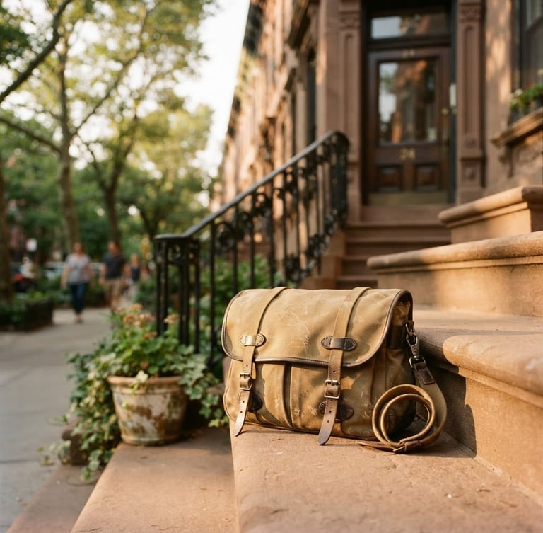 A courier's canvas bag resting on a sun-drenched brownstone stoop in Brooklyn, warm golden-hour daylight, soft shadows, 35mm photography