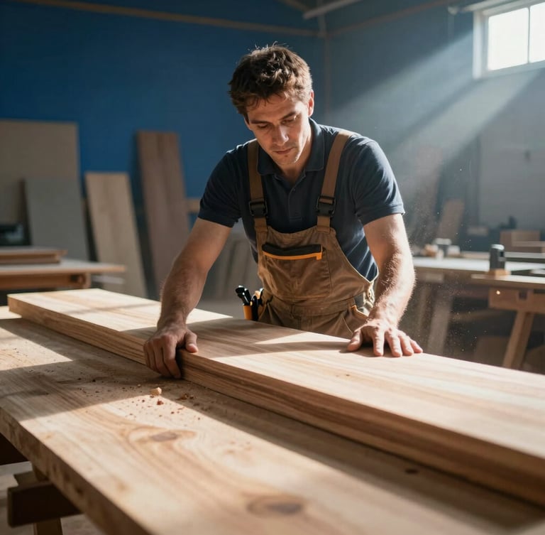 Vertical portrait of a master carpenter examining a massive raw hardwood slab in a sunlit workshop, dust particles visible in the light beams, editorial corporate photography