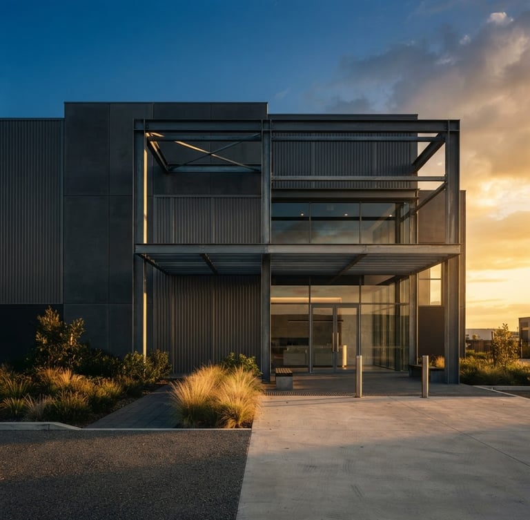 Portrait of a modern industrial warehouse exterior, clean concrete and steel structure, dramatic golden hour sunlight, editorial corporate photography, 35mm