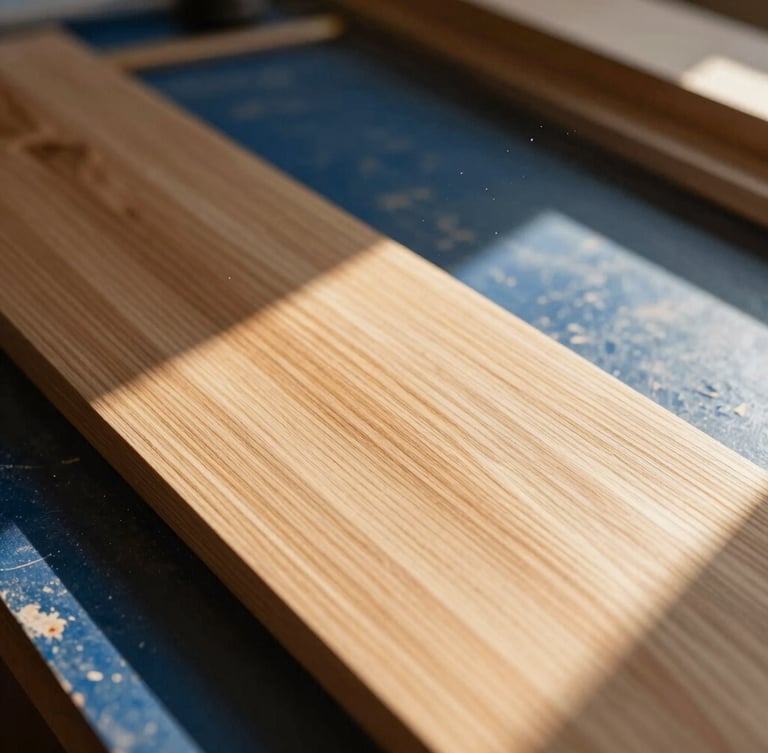 Detail of raw premium wood grain being hand-finished by an artisan in a sunlit workshop, dust particles in the air, warm golden light, editorial photography, 35mm
