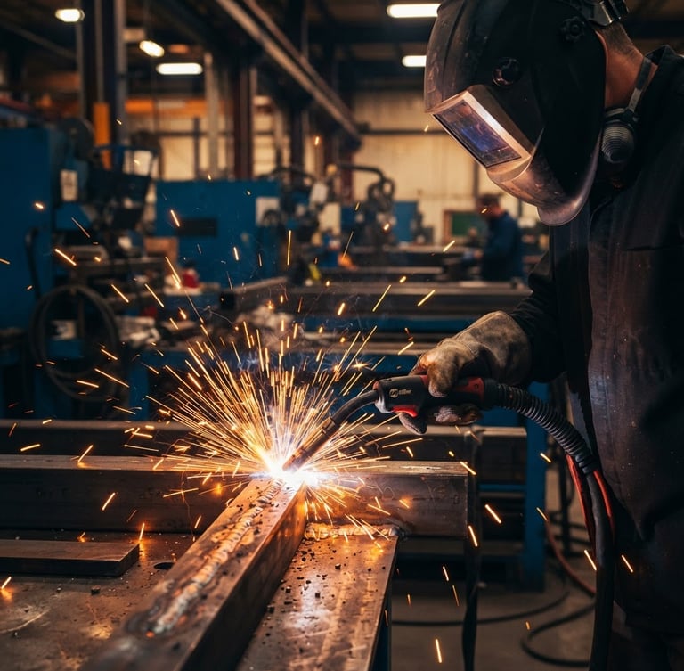 Close-up of industrial metal welding sparks in a modern factory setting, dramatic warm lighting, clean corporate composition, 35mm