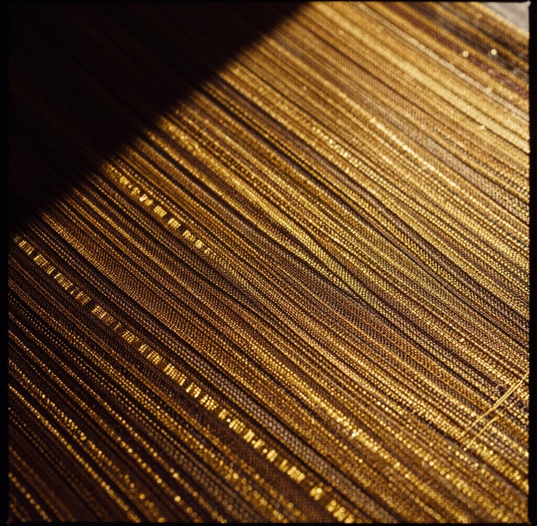 Extreme close-up of intricate gold-threaded hand-loomed Aso-Oke weave, high-contrast chiaroscuro lighting, rich warm tones, sharp focus, showing structural texture.