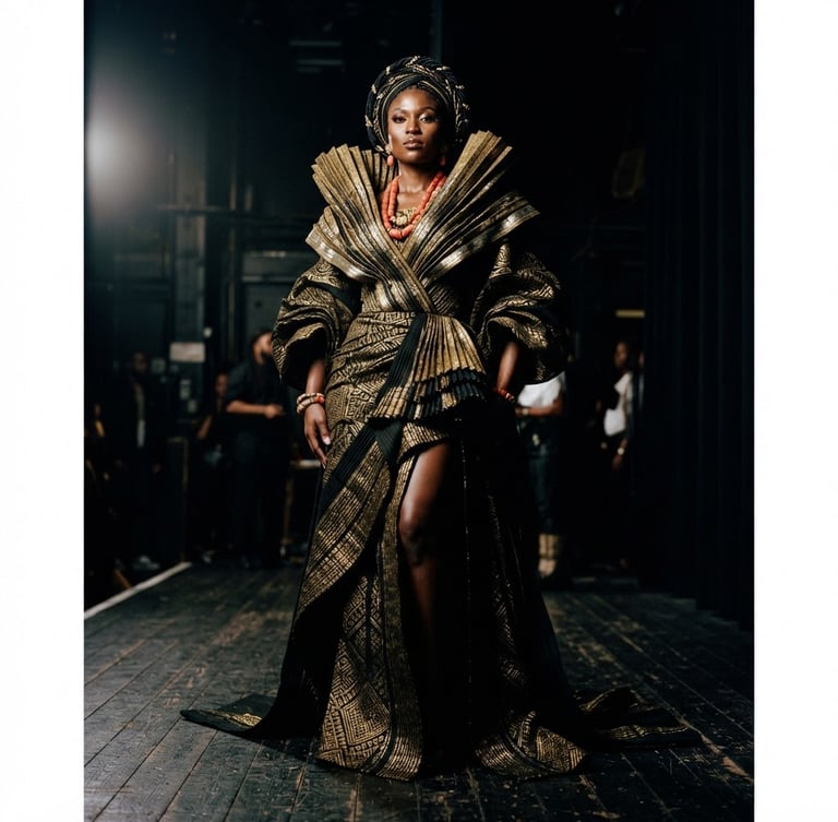 Low-angle heroic shot of a model wearing a dramatic gold and black Aso-Oke gown with sculptural pleated collar, high-contrast chiaroscuro lighting, dark background, 35mm film