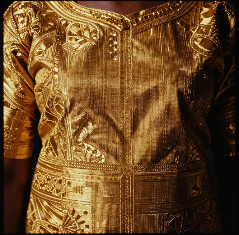 Tight macro crop of intricate gold hand-loomed Aso-Oke textile weave, high-contrast chiaroscuro lighting, rich warm tones, 35mm film