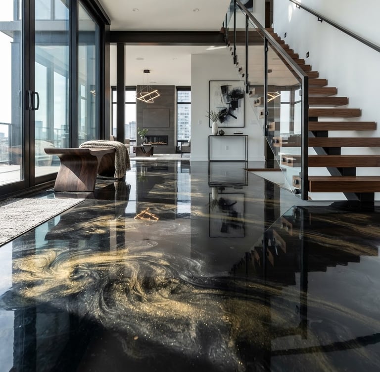 Sharp architectural photography of a luxury residential interior featuring a glossy black and gold metallic epoxy floor. Low-angle shot showing deep three-dimensional reflections and crisp details under dramatic side lighting.