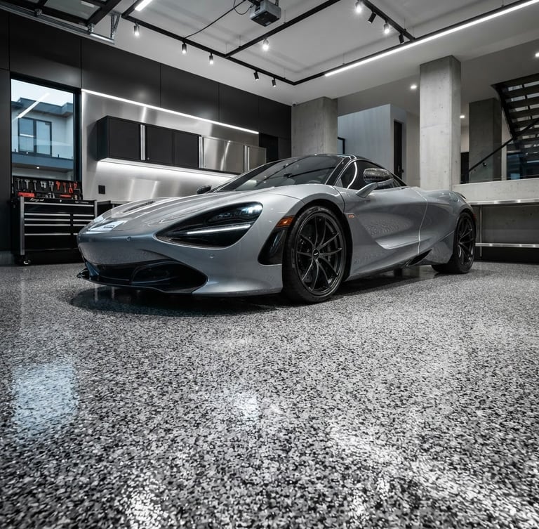 Low-angle architectural shot of a high-end sports car parked on a flawless glossy gray flake polyurea floor, dramatic direct lighting highlighting the textured vinyl flakes, pristine garage interior, crisp details