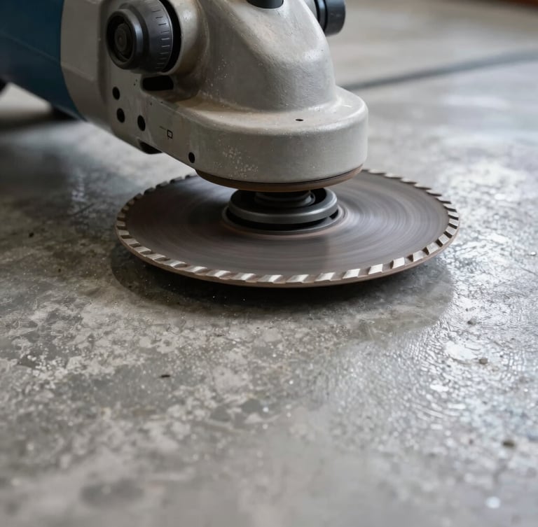 Low-angle macro shot of a heavy industrial floor grinder, diamond grinding shoes spinning on a concrete surface, bright directional lighting highlighting the dust extraction shroud, sharp details, glossy floor background.
