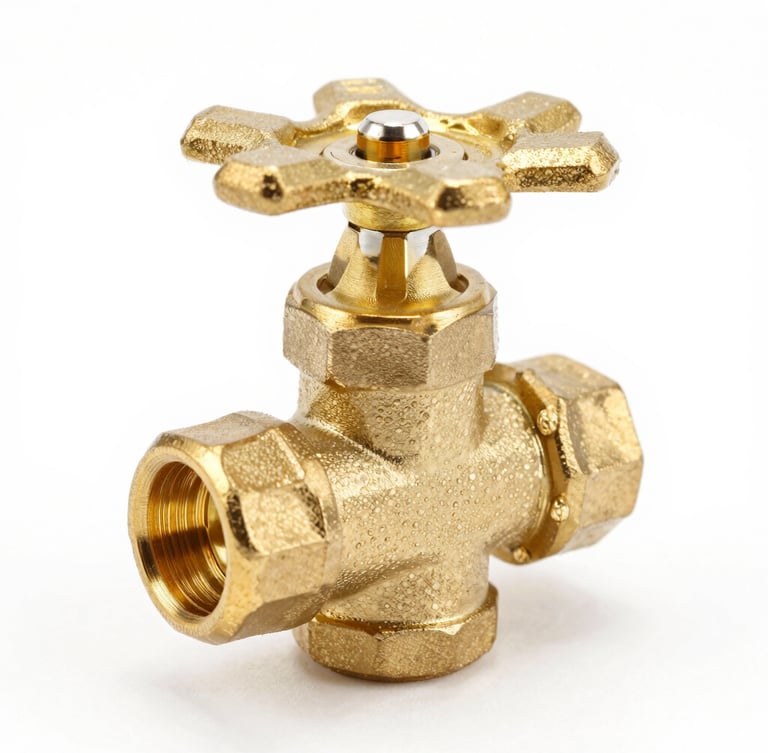 Macro product shot of a heavy solid brass plumbing valve, bright high-key studio lighting, crisp metallic reflections, clean white backdrop