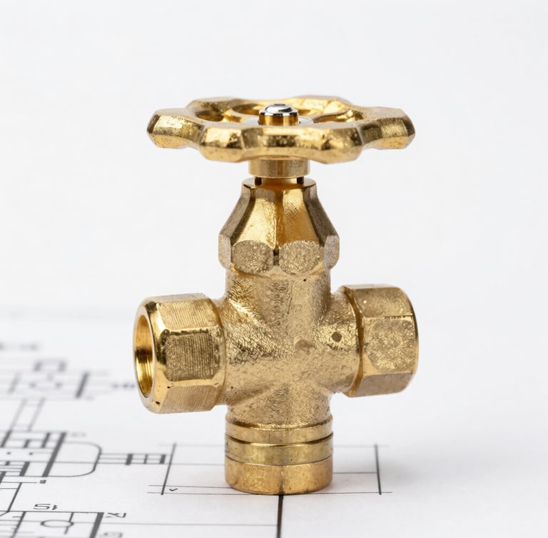 Macro studio photography of a heavy solid brass plumbing valve, crisp white backdrop, sharp metallic reflections, technical blueprint precision, centered product shot.