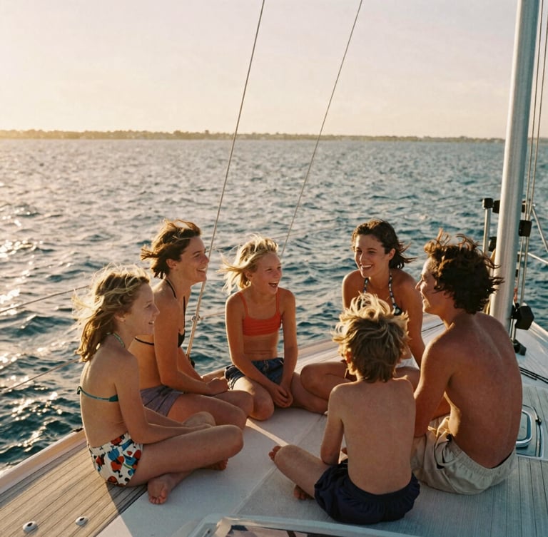 Cinematic wide shot of a family laughing together on the deck of a sailboat, wind-swept hair, warm golden-hour light reflecting off the open water, candid and unposed, 35mm film style.