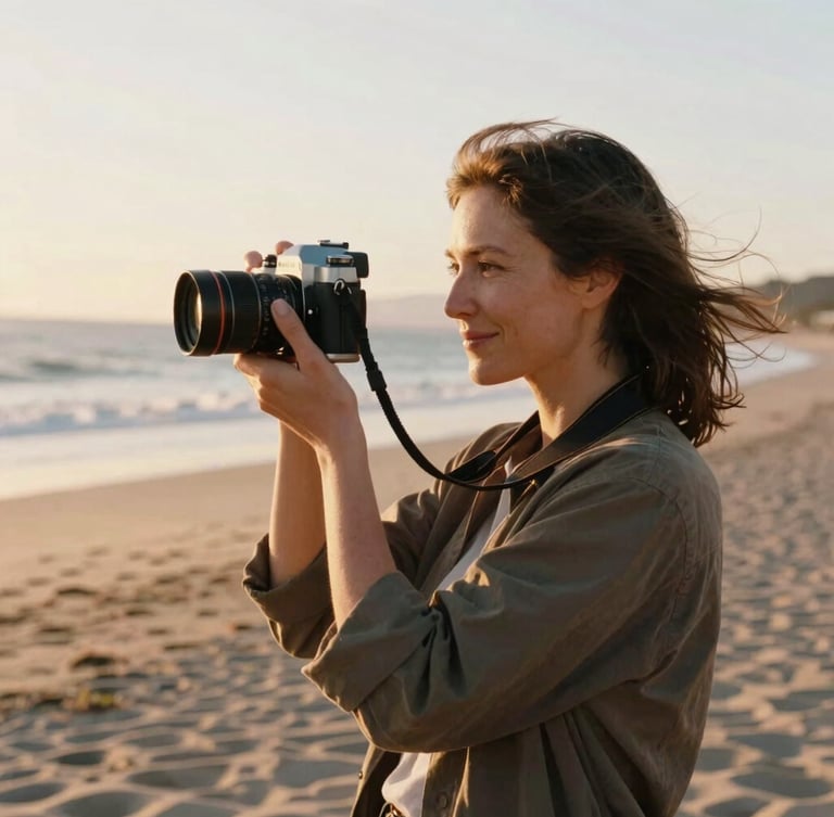 Candid portrait of a female photographer, mid-30s, with wind-swept hair, holding a film camera, smiling softly while looking out at a golden-hour coastal landscape, warm sun-drenched light, 35mm film