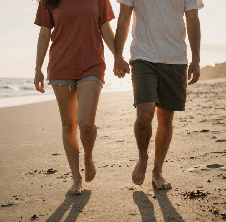 Intimate medium portrait of a couple walking barefoot on a sandy beach, holding hands, warm backlighting from the setting sun, soft natural flares, candid interaction, 35mm film style.