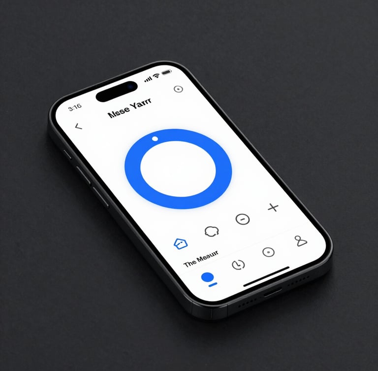 High-fidelity UI mockup of a minimalist weather widget on a modern Android device, crisp studio lighting, dark charcoal background, electric blue accents.
