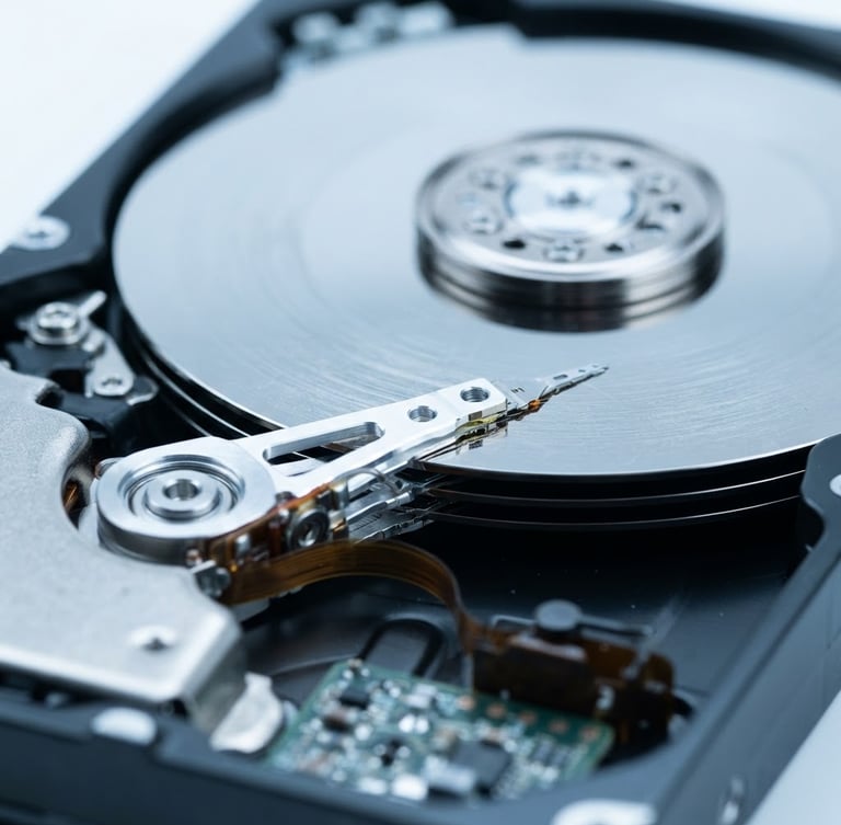 Clinical macro photography of an exposed hard drive platter under bright sterile white light, cool metallic tones, sharp focus, shallow depth of field
