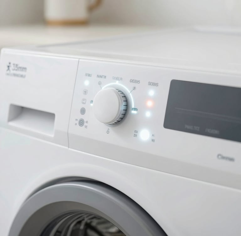 Macro detail of a high-end washer control panel with clean glowing LED indicators, sharp focus on technical details, bright clinical indoor lighting