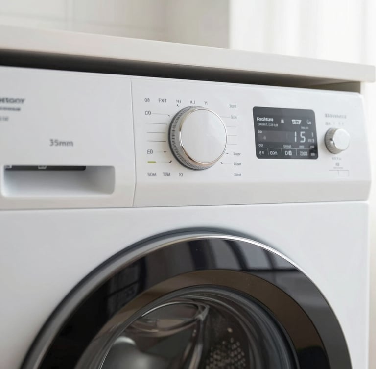 A crisp macro shot of a modern luxury washer control panel, bright high-key indoor light, clean neutral tones, sharp focus, 35mm