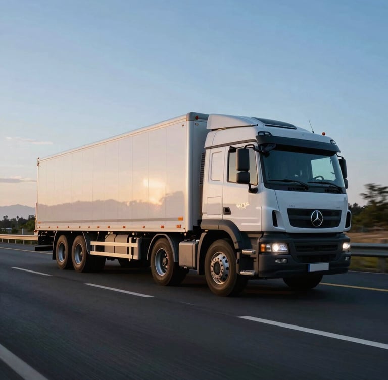 Wide environmental shot of a clean modern transport rig in motion on a highway during early morning blue hour, high-contrast natural light