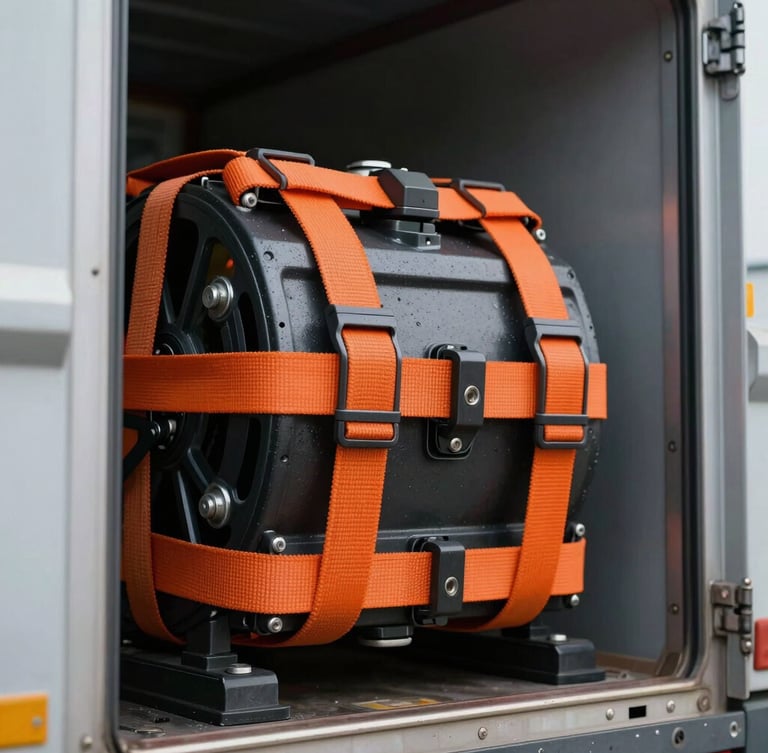 Close-up macro shot of heavy-duty orange cargo straps securing industrial machinery inside a transport trailer, high-contrast industrial lighting