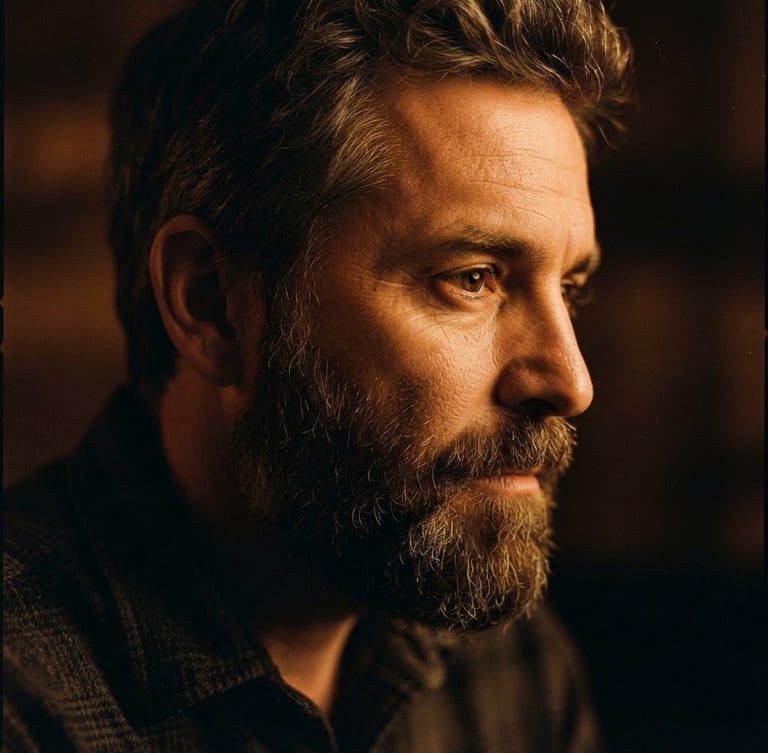 Intimate close-up of a bearded man's profile in warm low-key amber lighting, rich copper shadows, tactile 35mm film texture, authentic and non-pornographic.