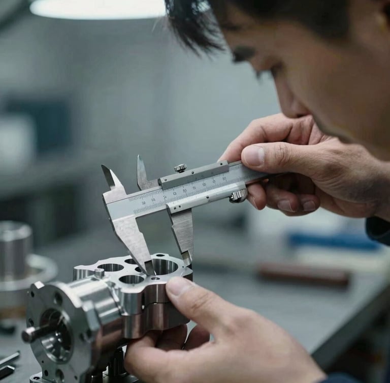 Close-up portrait of a skilled machinist inspecting a complex metal part with calipers, cool industrial lighting, sharp focus on hands and part, clean shop environment in background, 50mm lens.