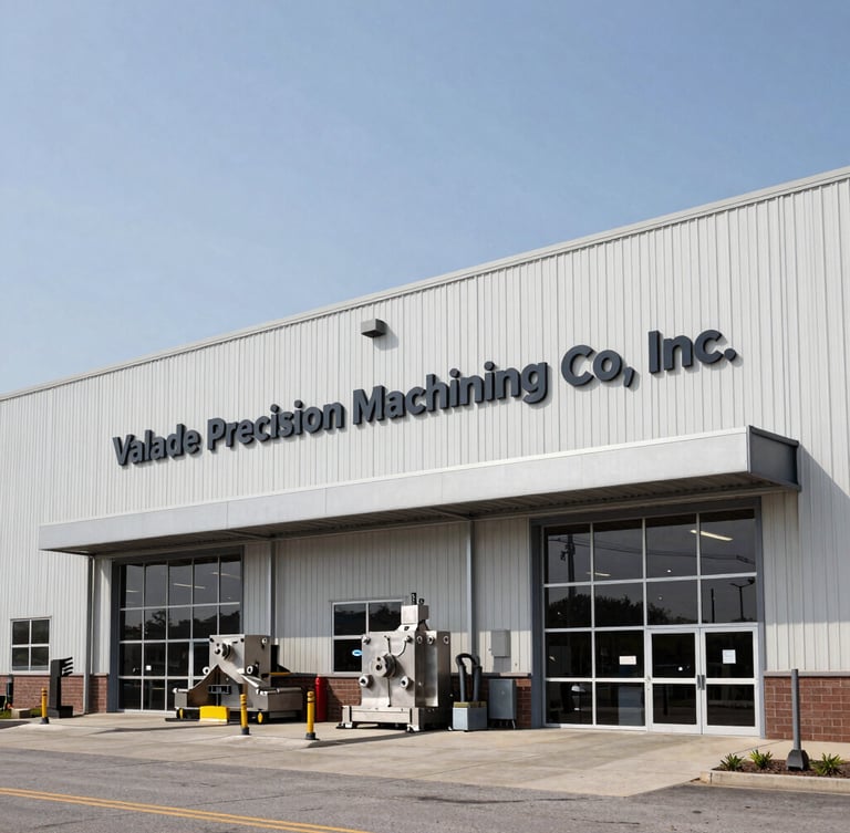Exterior view of Valade Precision Machining Co., Inc. facility in Eastpointe, Michigan, industrial architecture under a clear sky, wide shot.