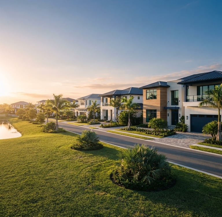 Wide environmental medium-format architectural photograph of a pristine, upscale residential community in Florida, soft morning golden-hour sunlight casting long shadows across manicured lawns and clean modern facades, deep navy and warm gold tones, negative space on the left.