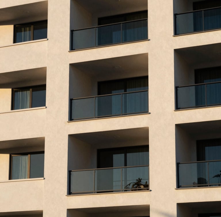 Architectural close-up of a modern residential facade in Florida, clean lines, warm morning sunlight, deep navy shadow details, medium format