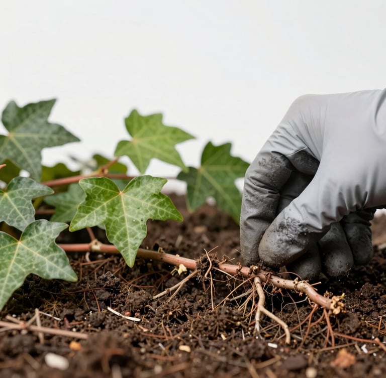 A macro detail shot of a gloved hand carefully tracing a thick poison ivy root system in rich soil, crisp editorial photography, bright overcast daylight, shallow depth of field, 35mm.