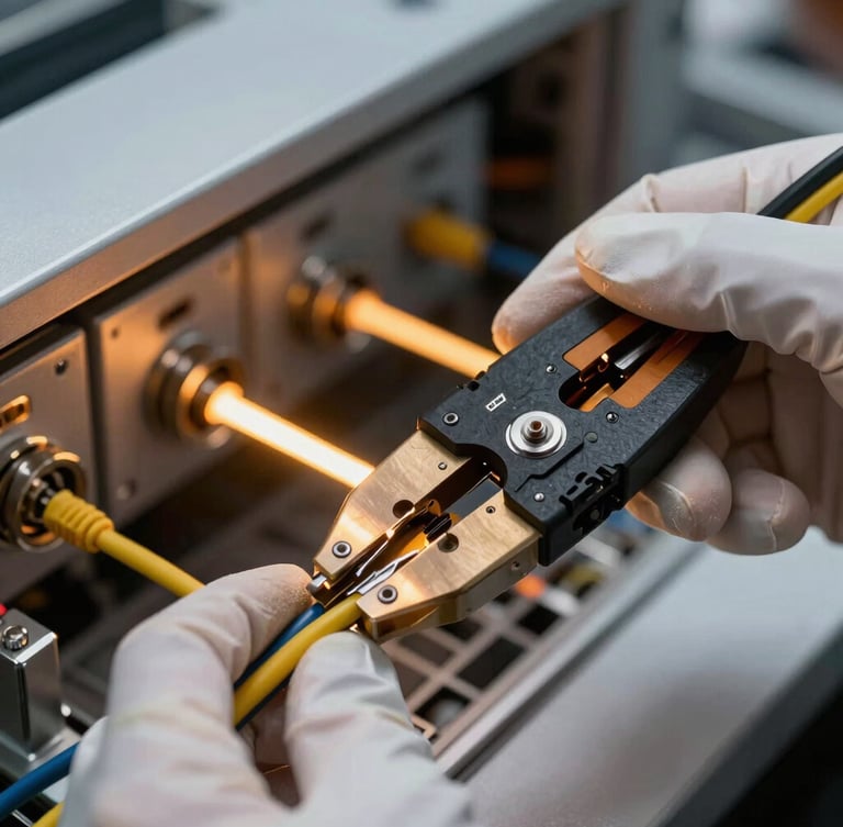 Close-up of a technician wearing clean safety gear crimping an ethernet cable with high-contrast directional amber lighting, industrial-precision modernism, sharp detail