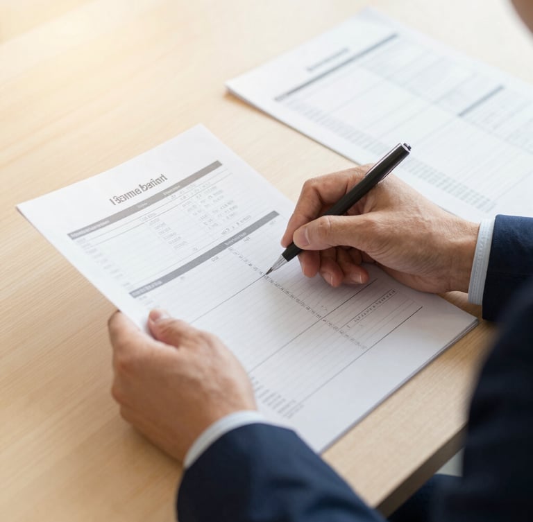 Close-up of a billing specialist's hands reviewing structured financial reports on a wooden desk under warm, soft natural office light, 35mm