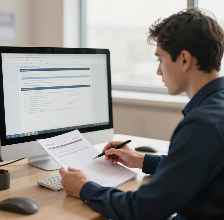 A professional billing specialist analyzing structured reports on a screen under soft natural office light, warm sand and navy tones, 35mm editorial.